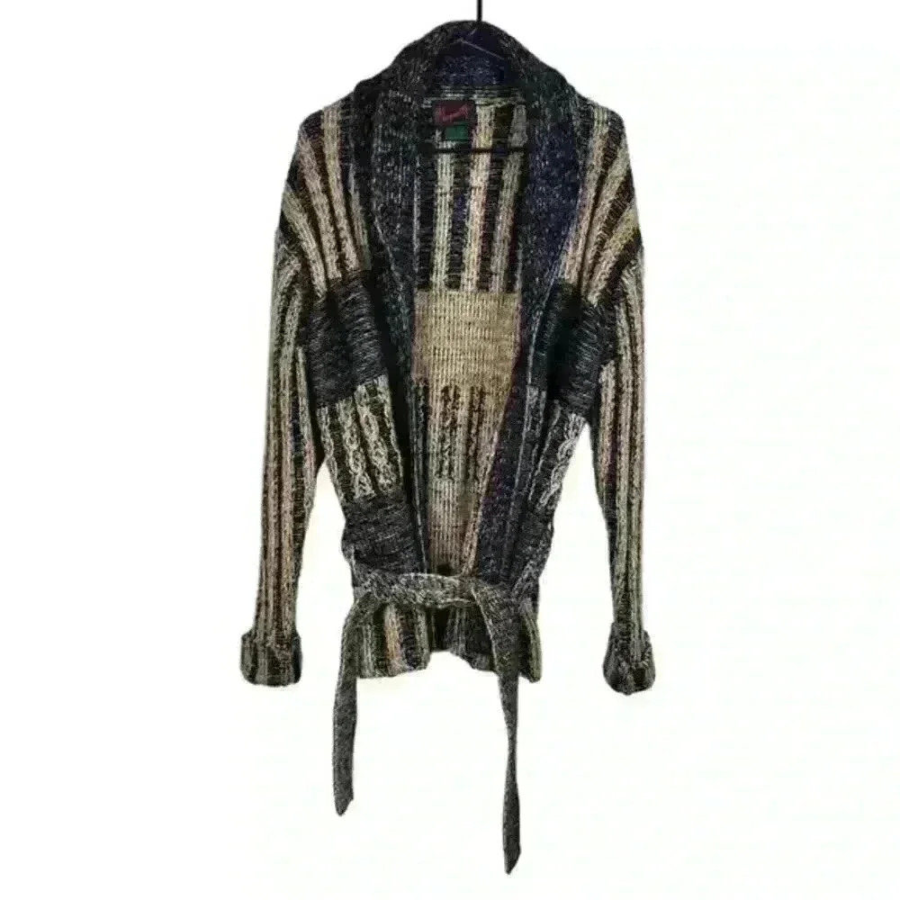 Sigallo Sweater Womens Large Brown Blue Long Sleeve Tie Front Acrylic Vintage